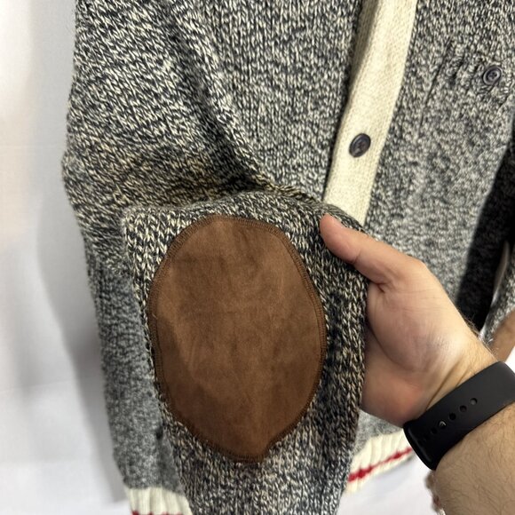 Roots Cabin Shawl Collar Sweater XL Men’s Wool Blend Elbow Patches Gray Red Knit - Picture 3 of 7